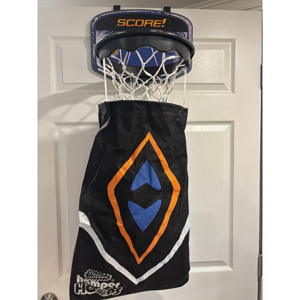 Wham-O Hamper Hoops Basketball Hoop Laundry Bag Over The Door Blue Orange Black